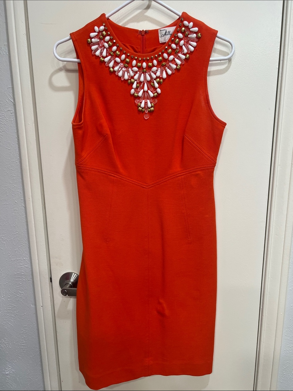 Milly Orange Sleeveless Sheath Dress with Beaded Neckline